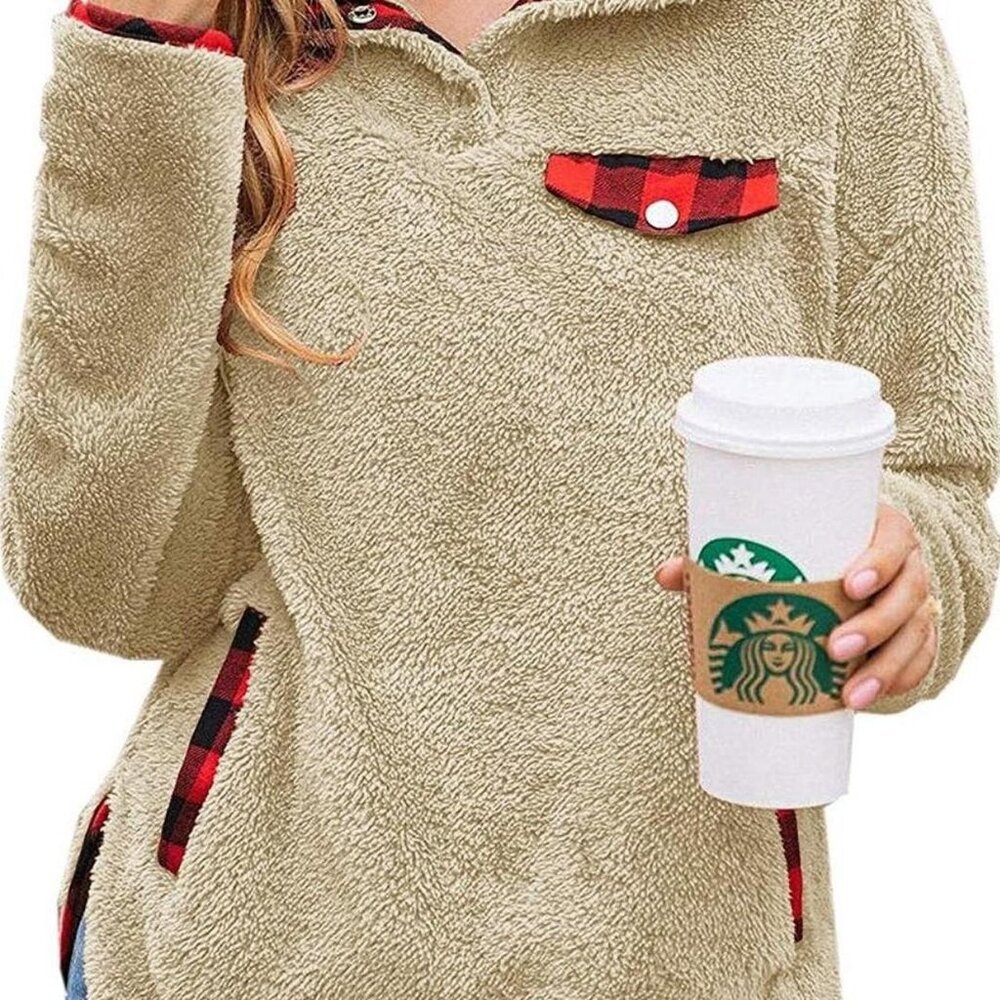 Cozy Sherpa Fleece Pullover Plaid Trim Quarter-Button Collar w/ Pockets - Picture 10 of 10